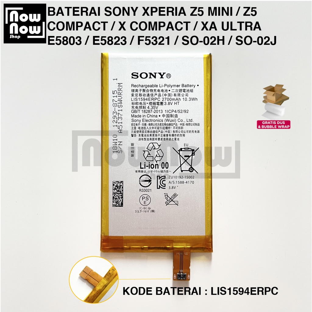 Baterai Sony Xperia Z5 MINI / Z5 COMPACT / X Compact / XA Ultra E5803 E5823 F5321 SO-02H SO-02J LIS1594ERPC 1ICP4/52/92 Batre Batrai Battery HP