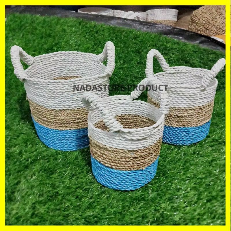 HIASAN KERANJANG ANYAM KUPING-COVER VAS KUPING-COVER POT ANYAM ISI 3 PCS  SEAGRASS BASKET