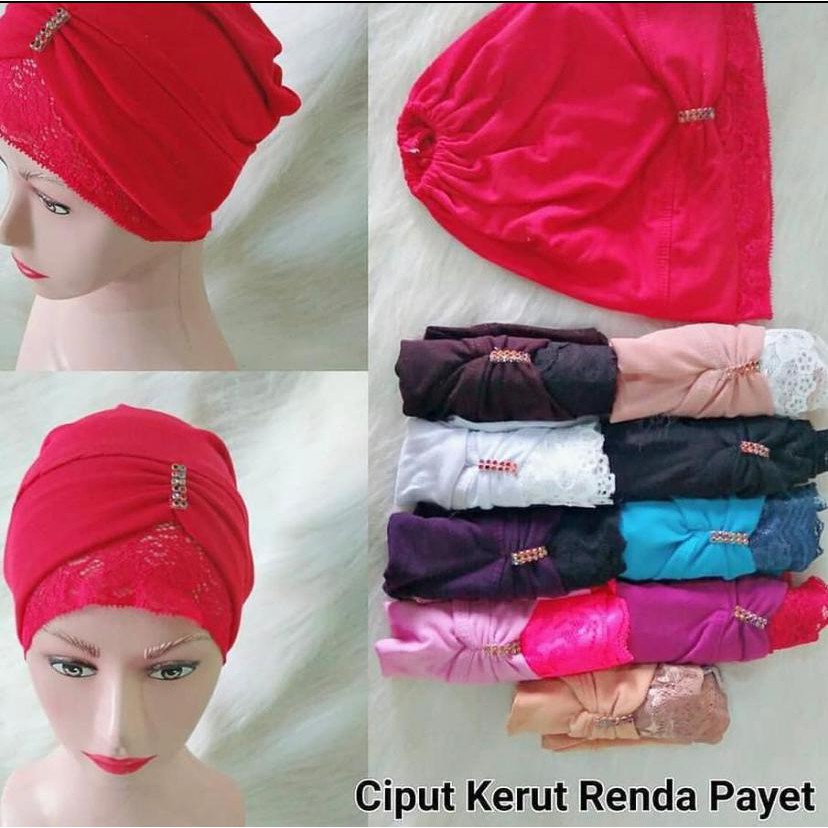 Ciput kerut kaos renda payet,inner kerut mata renda kaos