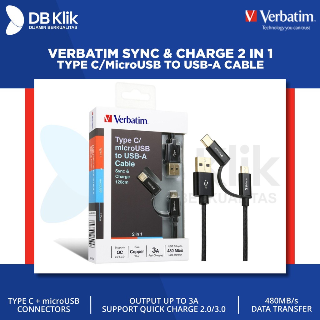 Verbatim 120cm 2in1 Type-C &amp; MicroUSB to USB Cable - Black