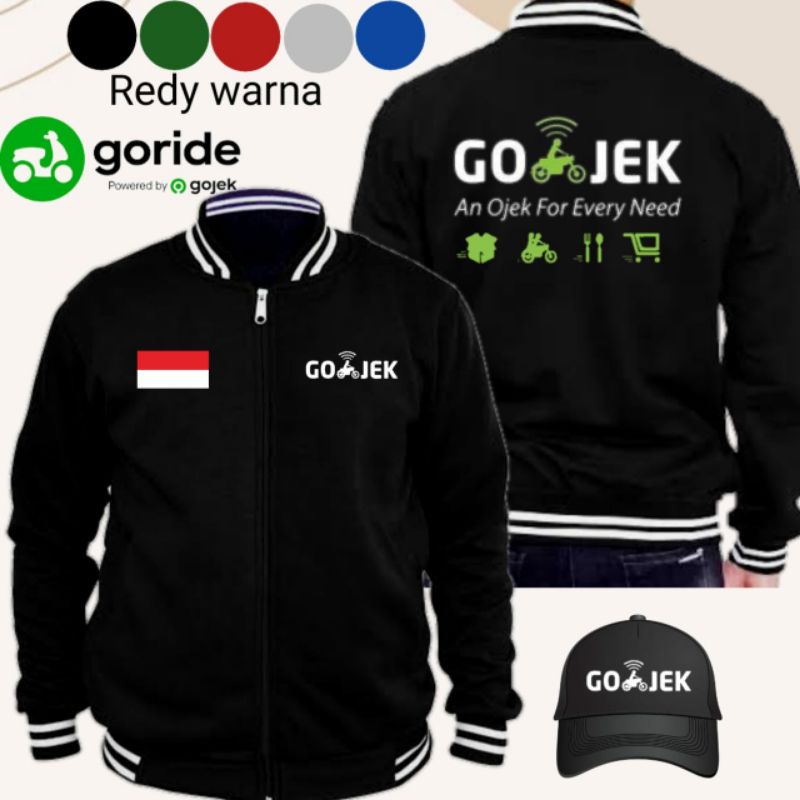 jaket baseball varsity gojek logo lama bahan cotton fleece + frer topi