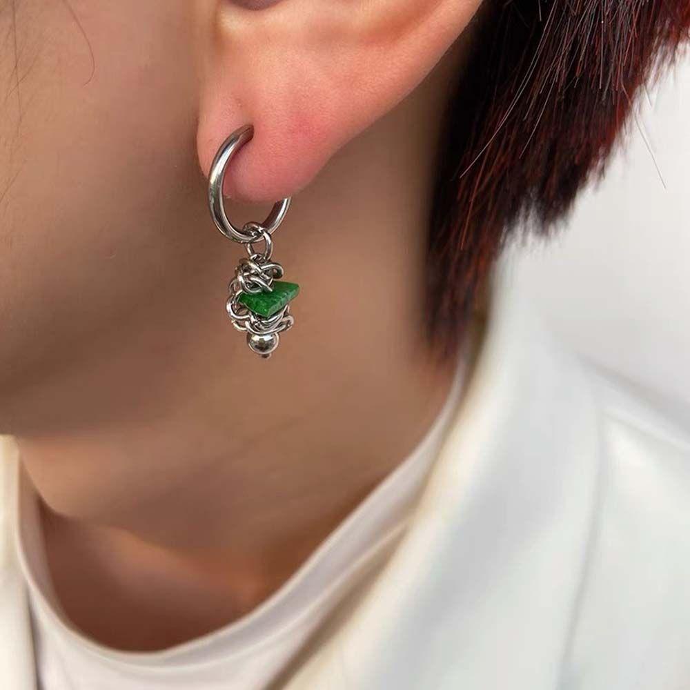 NEEDWAY Anting Giok Charms Retro Baja Titanium Tanpa Lubang Telinga Desain Tren Nasional Perhiasan Telinga Eardrop