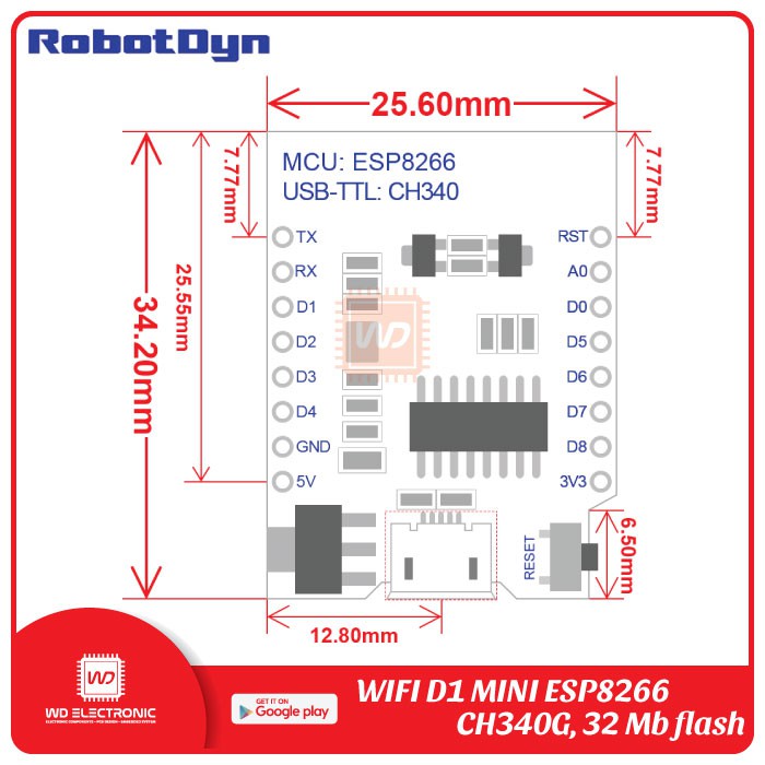 RobotDyn WIFI D1 Mini ESP8266 CH340G 16MB 32MB like Wemos D1 Mini CH340G