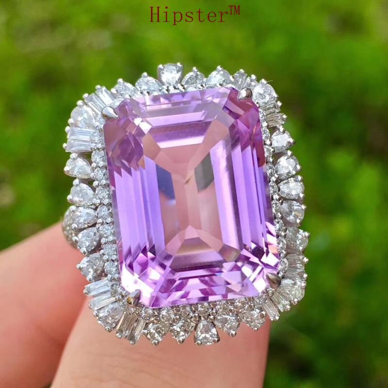 Natural Pink Amethyst Ring 18K White Gold Diamond Fashion Luxury Jewelry Pendant Necklace