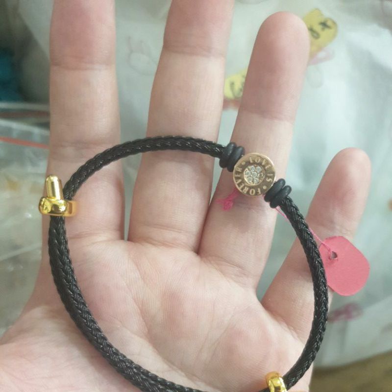 Gelang tali charm pandora hitam emas asli tulisan love is forever 375 8k kado murah