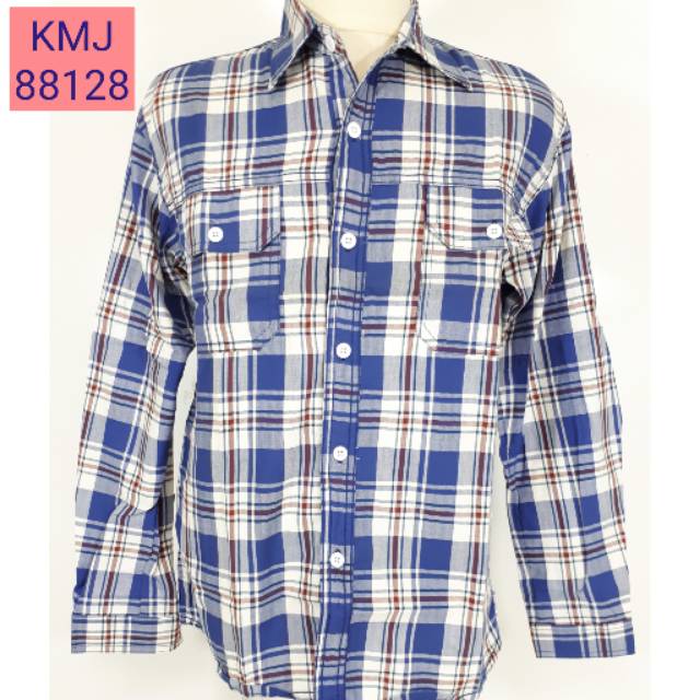 Kemeja Kasual Pria Hem Tangan Panjang Katun Regular Fit Cowok motif Kotak Kotak Biru size L