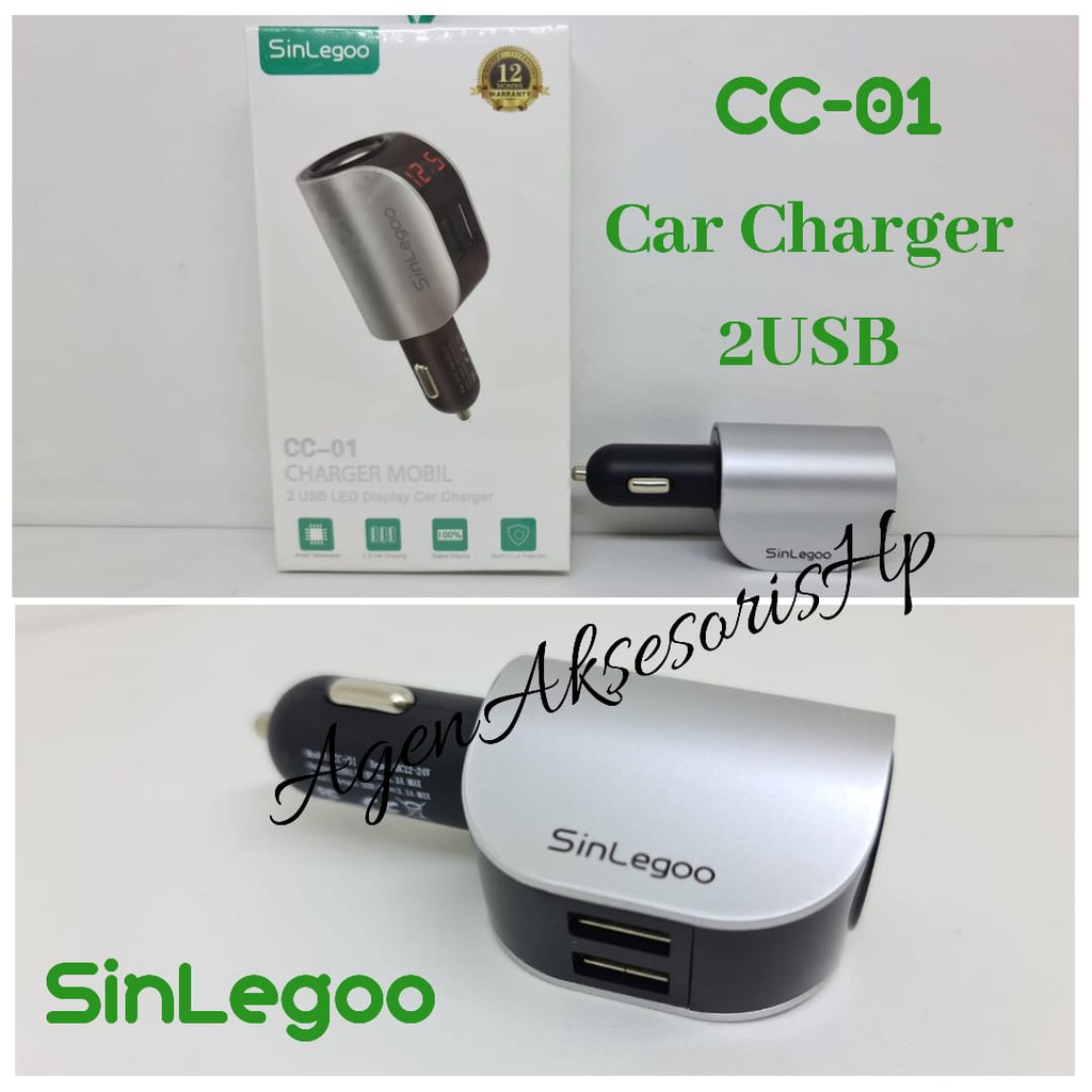 SinLegoo CC-01 Charger Mobil 2 USB LED Display Car Charger 2.1A Fast Charging GARANSI 1 TAHUN