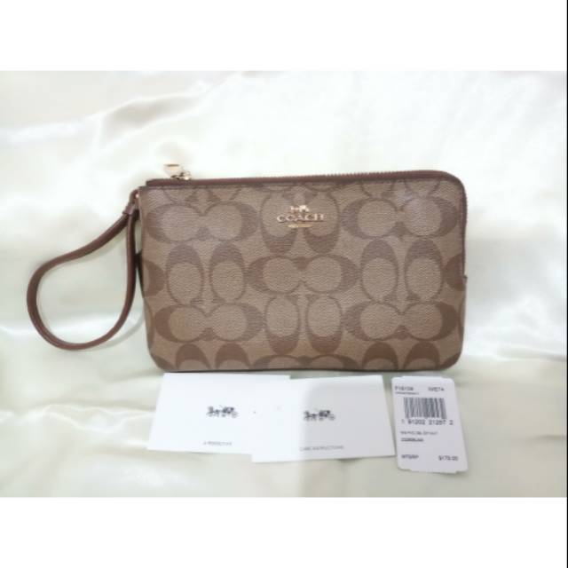 COACH WRISTLET LARGE DOUBLE ZIP SIG KHAKI SADDLE PRELOVED
