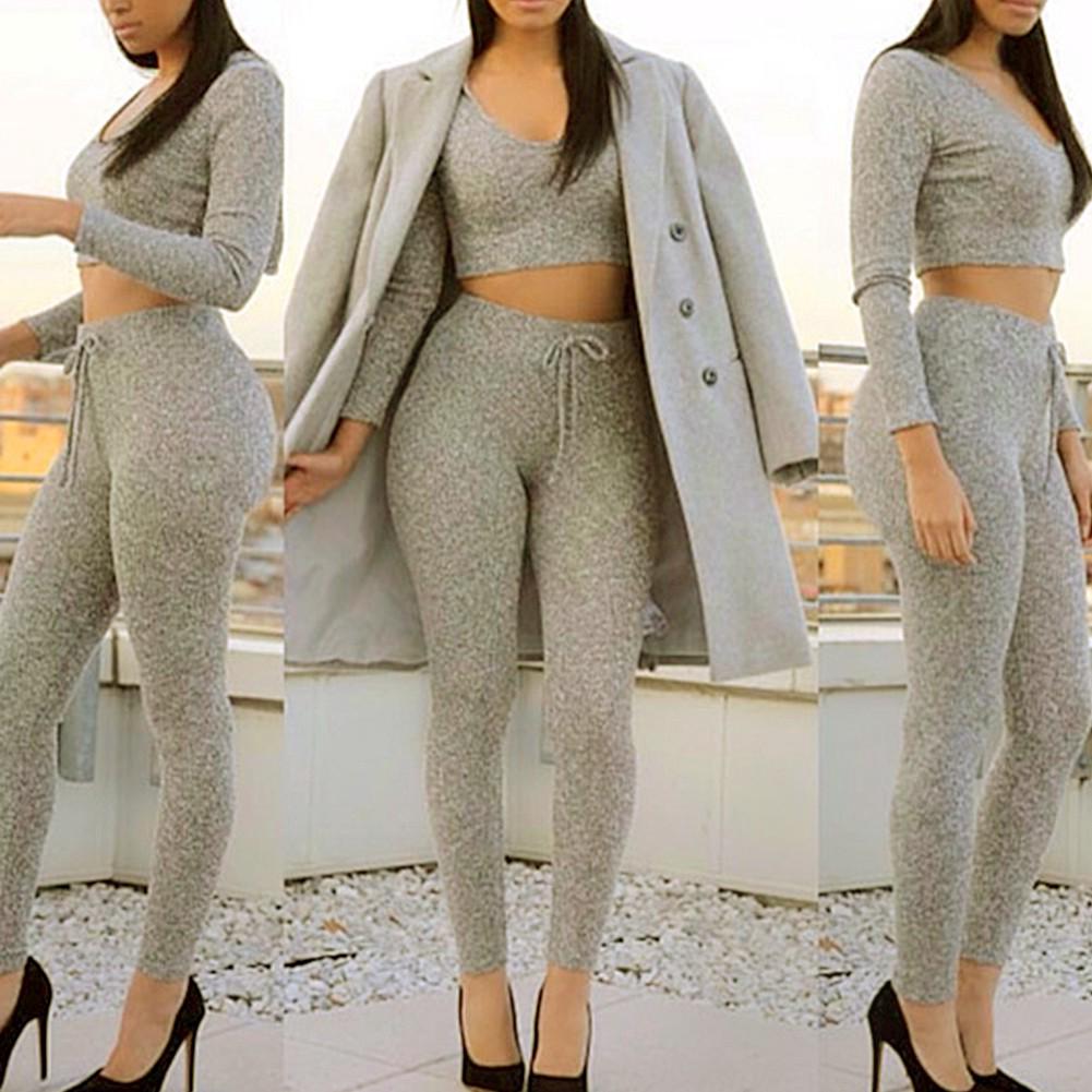 Setelan Crop  Top  Hoodie Lengan Panjang  Celana  Legging 