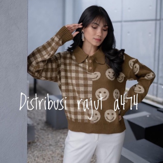 Sweater Rajut Premium Oversize Kerah Motif Smile Tartan Blous Rajut Tebal vintage