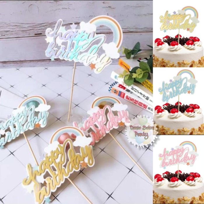 Cake Topper Happy Birthday Awan Pelangi Tulisan Sambung / Tusukan Kue