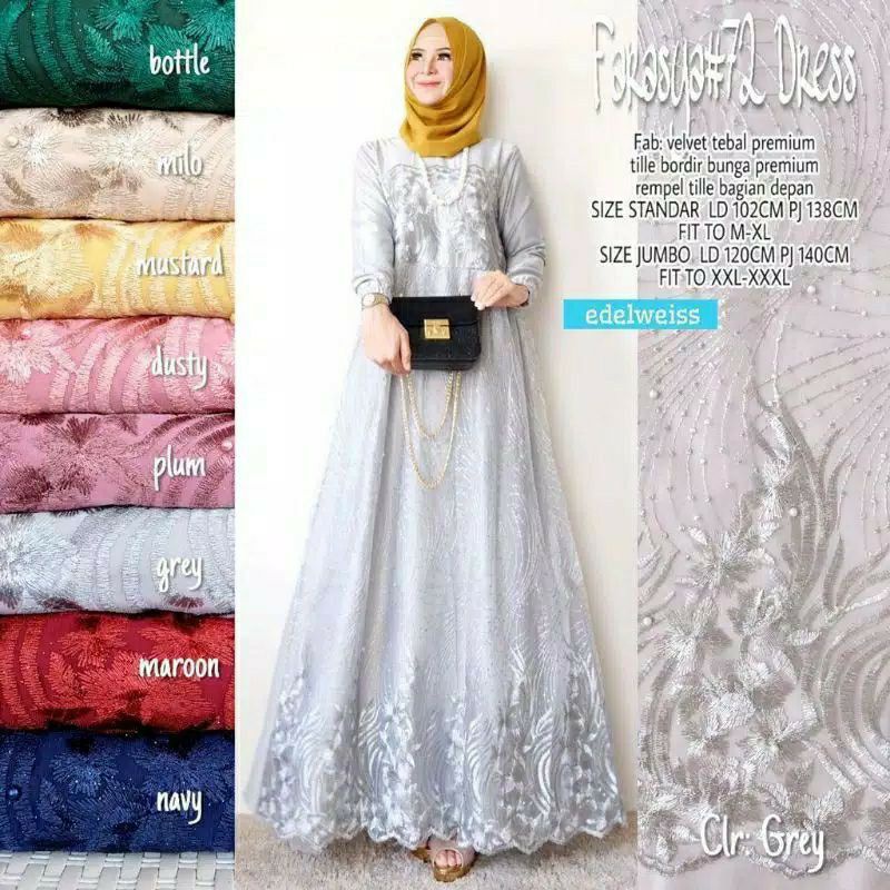 FARASYA (ADA JUMBO) GAMIS BROKAT FARASYA JUMBO  LD 120 DAN STANDAR LD 102 CM GAMIS TILE BORDIR MUTIARA GAMIS PESTA-GREY