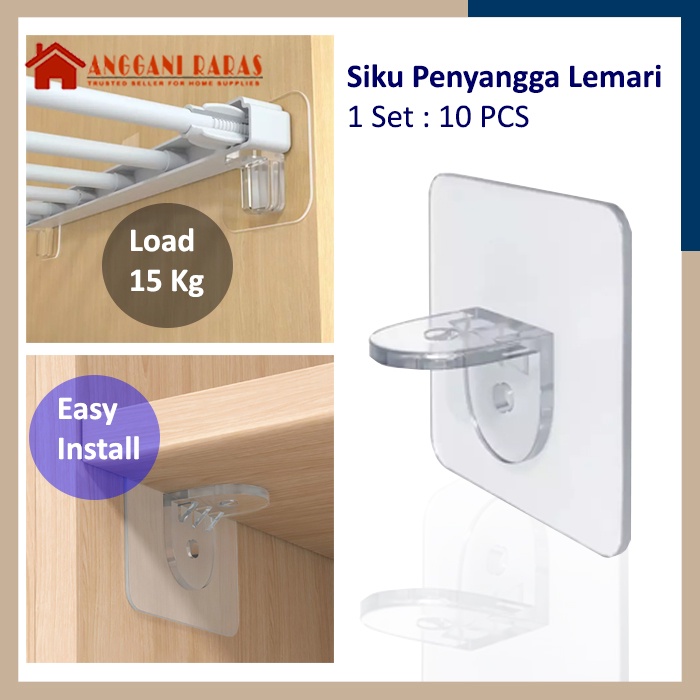 Gantungan Hook Tempel Siku Sudut Tempel Transparan Kuat Penyangga Papan Lemari Tembok Toilet Dapur 10 PCS