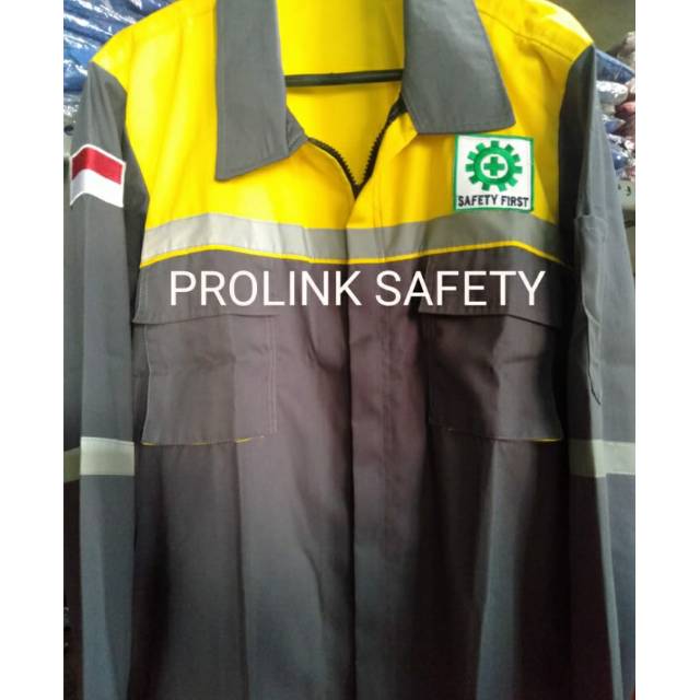 SERAGAM BAJU SAFETY ABU ABU KOMBINASI KUNING DRILL