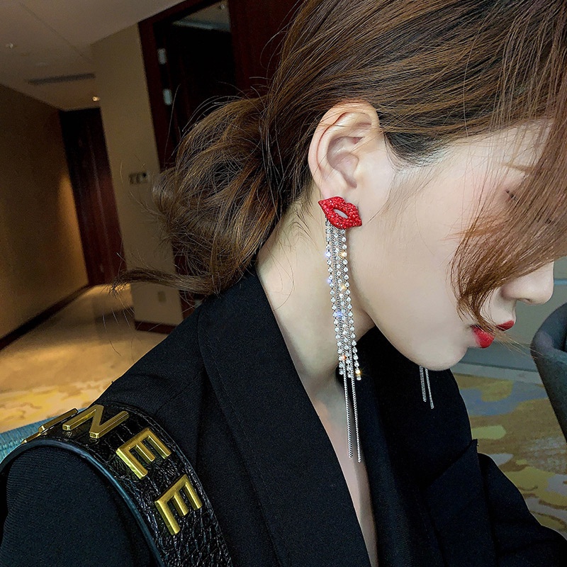 Anting Tusuk Sterling Silver 925 Model Bibir Merah Api Dengan Rumbai Panjang Untuk Wanita