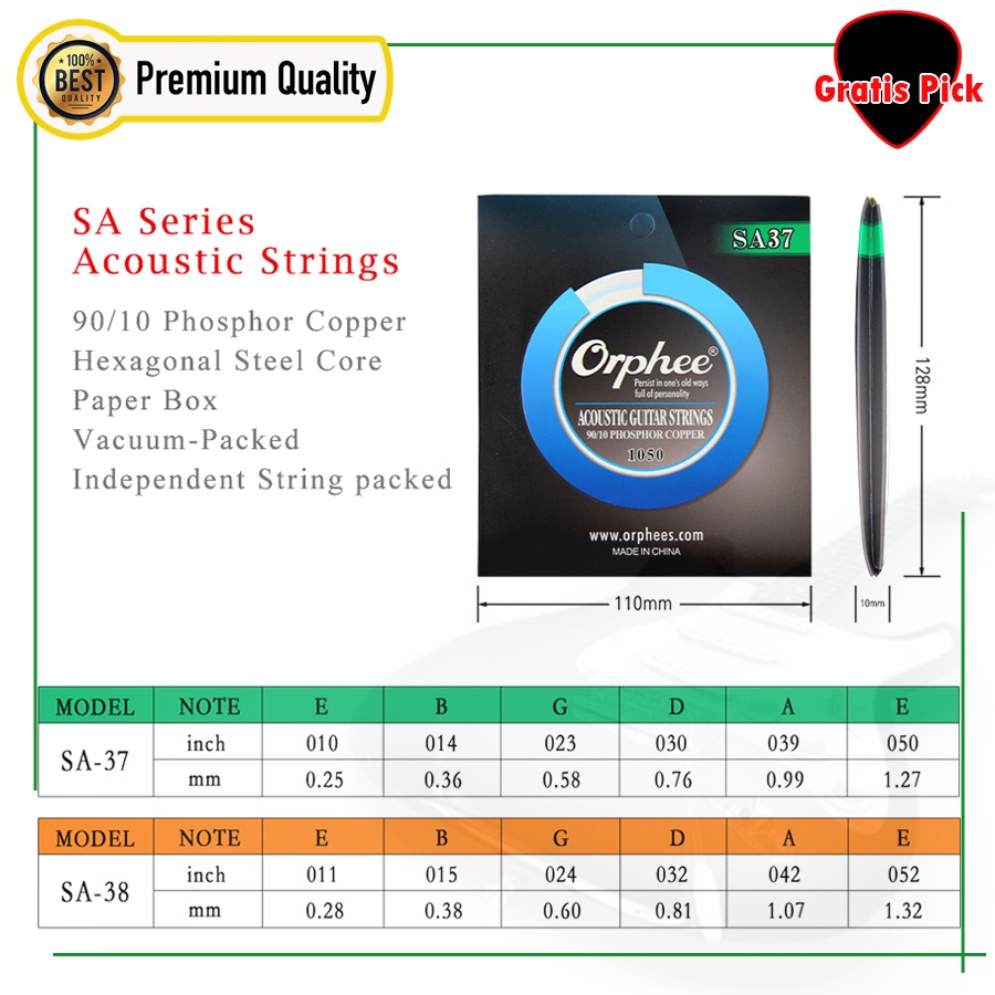 Senar Gitar Akustik Orphee 0.10 RA-37H, Orphee SA37, Phosphor Copper