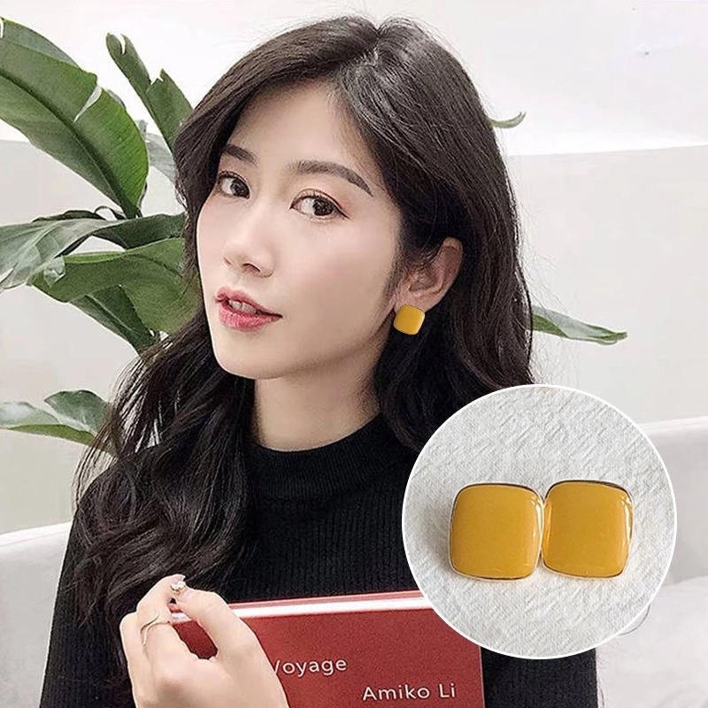 Anting Persegi Warna Retro Elegan S925 Jarum Perak Akrilik Warna Solid Anting-anting Wanita-5