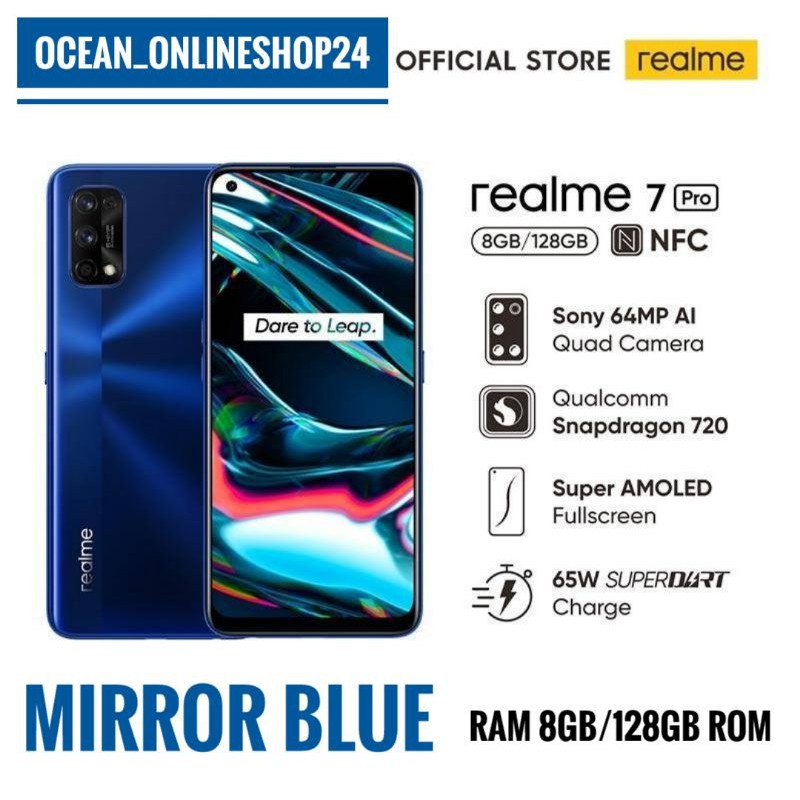 REALME 7 PRO RAM 8GB 128GB MIRROR BLUE - NFC - SUPER AMOLED - SDM 720G - GARANSI RESMI