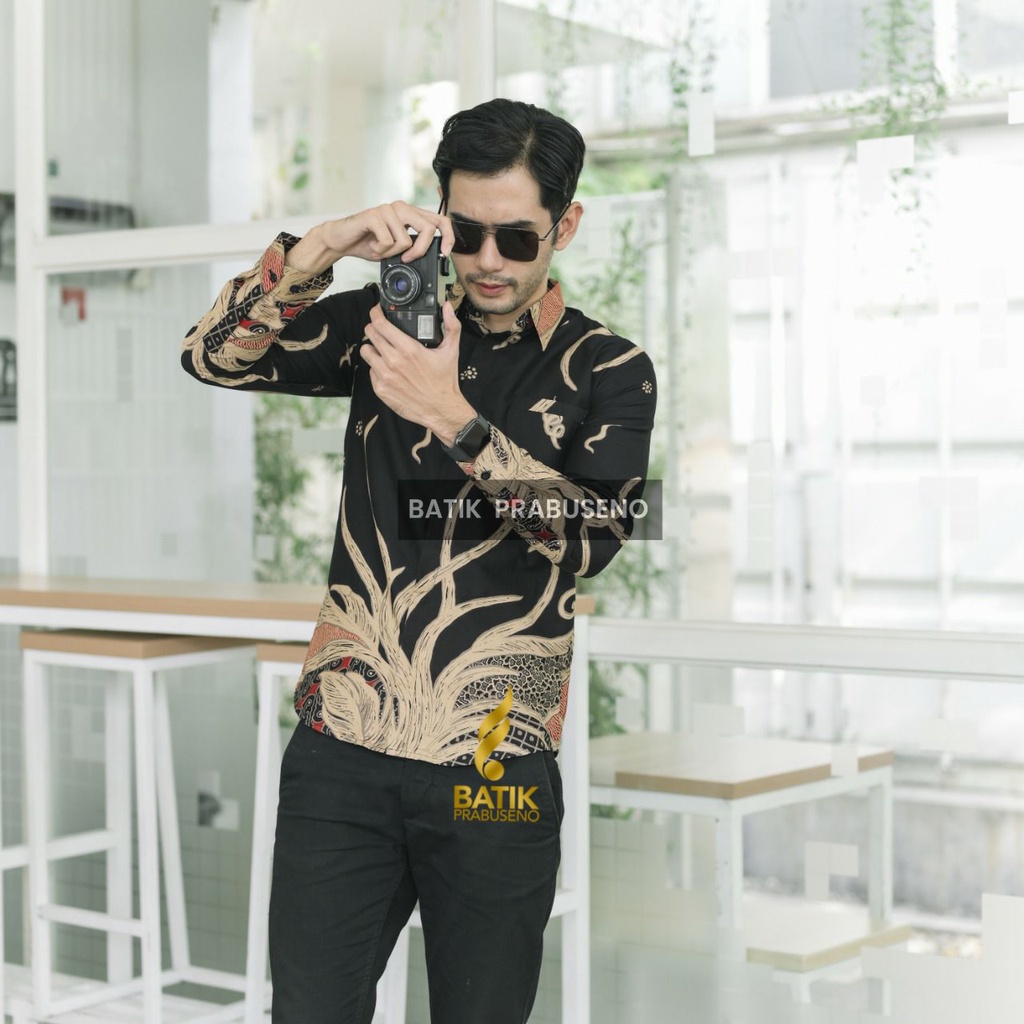 SAMUDRA HITAM Kemeja Batik Pria Lengan Panjang Slim Fit  Full Furing Jumbo Modern Premium Hem Atasan Cowok Anak Muda Dewasa Mewah Bahan Katun Printing Tangan Halus Tebal Seragam Kerja Slimfit Kantor Terbaru 2022 Solo Jakarta COD XXL