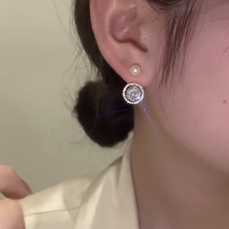 Anting Stud S925 Silver Needle Bentuk Hati Aksen Mutiara Berlian Gaya Korea Untuk Wanita