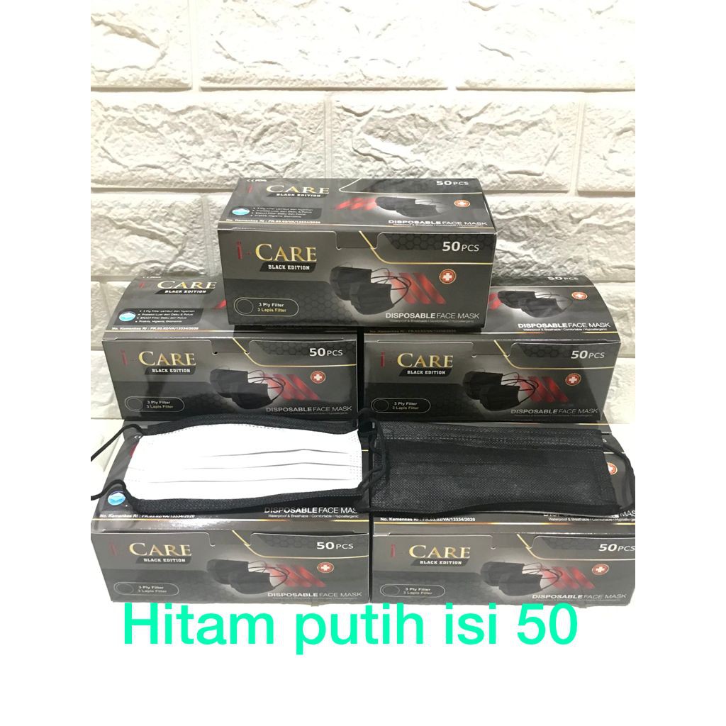 MASKER/ICARE/EARLOOP/MASKER HITAM/PUTIH/HIJAB/3PLAY/MEDIS/DISPOSABLE FACE MASK-Hitam-Putih-ICARE