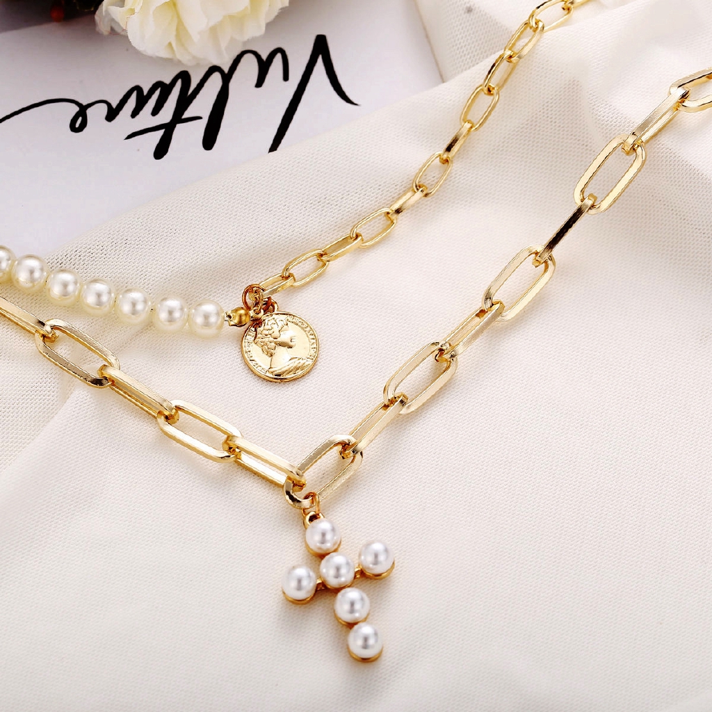 YEEZII Kalung Rantai Lapis Emas dengan Liontin Salib + Mutiara Gaya Vintage untuk Wanita