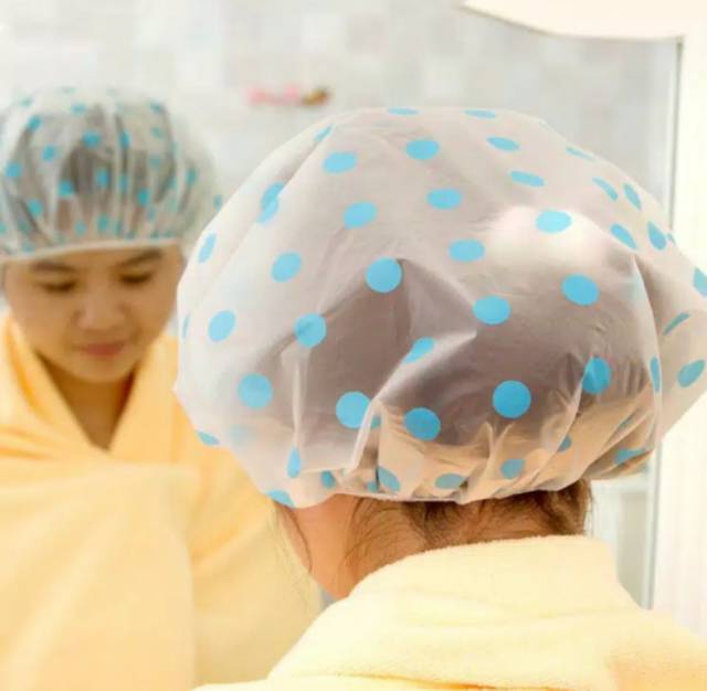 Shower Cap Tebal  Penutup Rambut Desain Polkadot Transparan Anti Air untuk Kamar Mandi