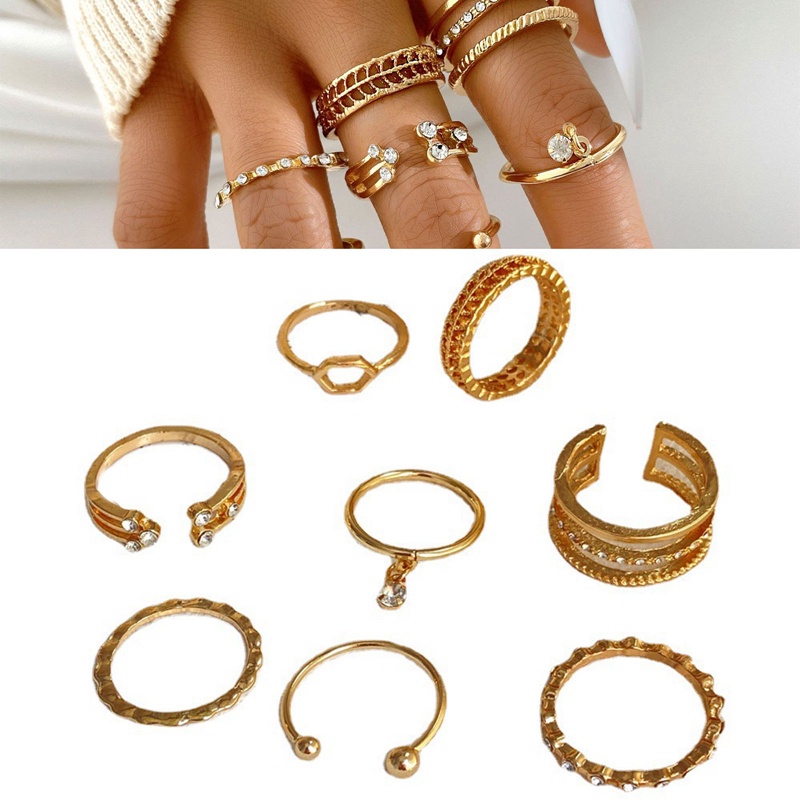 Fancyqube 8Pcs / Set Cincin Emas Mutiara Bintang Gaya Retro Untuk Aksesoris Wanita