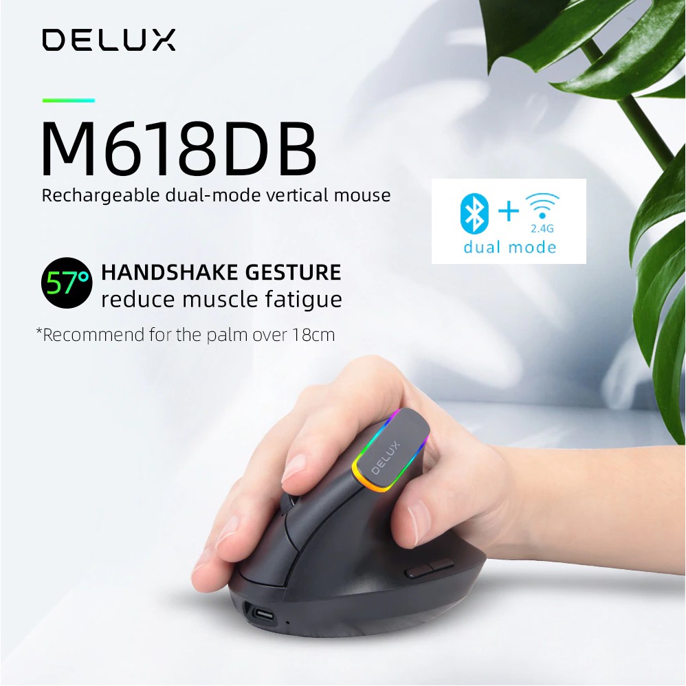 Delux M618C M618DB Dual Mode Vertical Bluetooth wireless Mouse Mirip MX Vertical