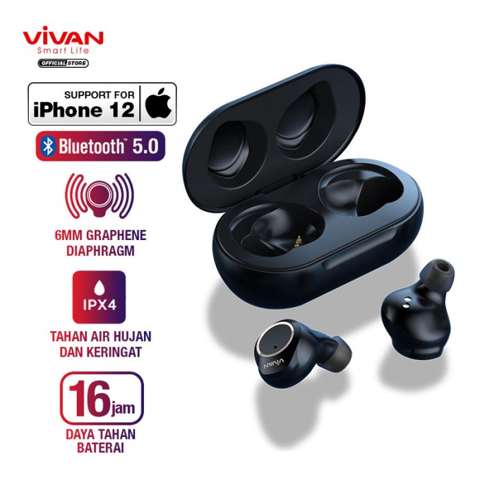 Vivan Liberty T100S Tws Headset Bluetooth Waterproof + Charging Case - Hitam