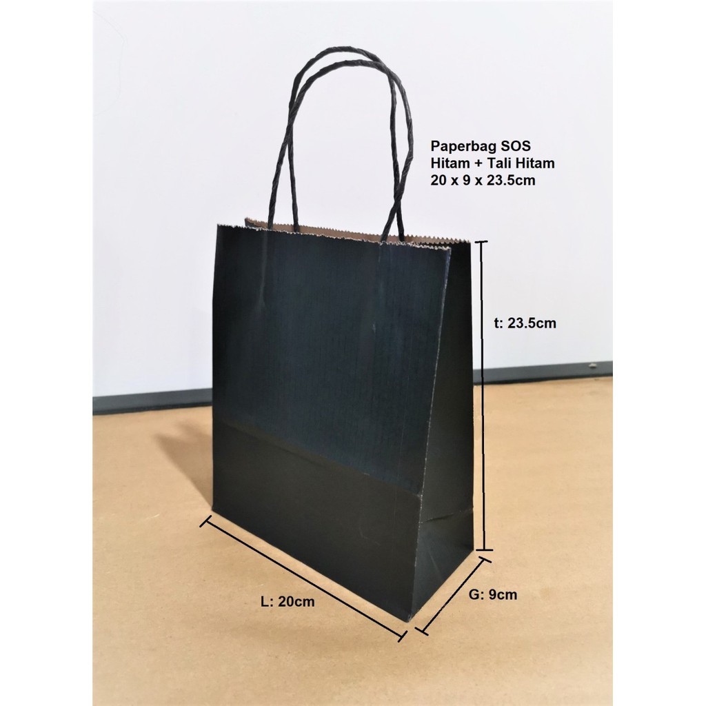

(10 Pcs) Paperbag SOS L Kantong Kertas Hitam + TALI 20x9x23cm 100 GSM