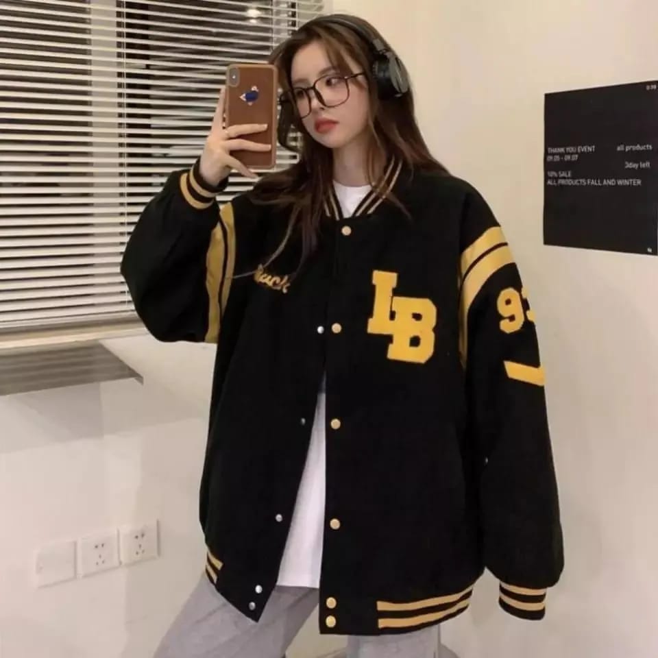 Outfit - Black Varsity Oversize Jaket Baseball Korean Style Premium