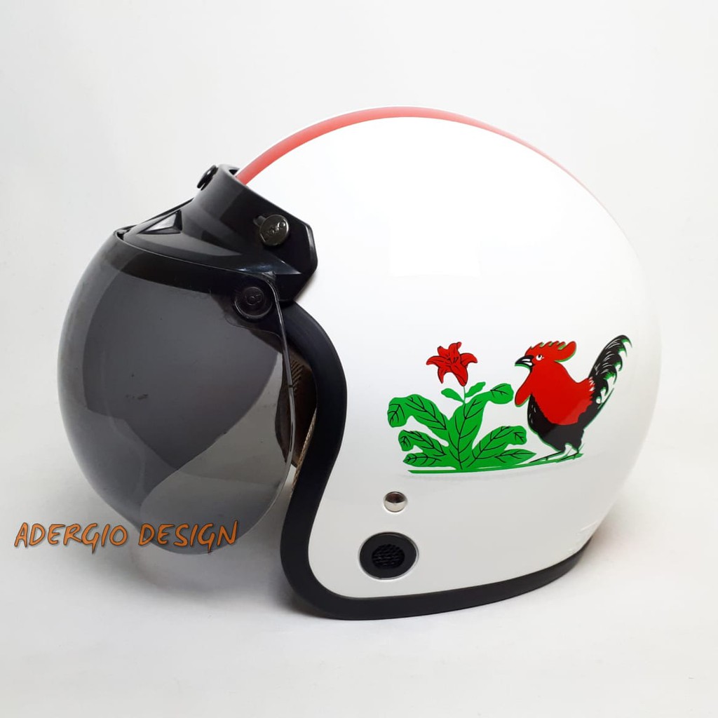 Helm Bogo Dewasa SNI Kaca Bogo Ori Motif Ayam Jago Putih Glossy