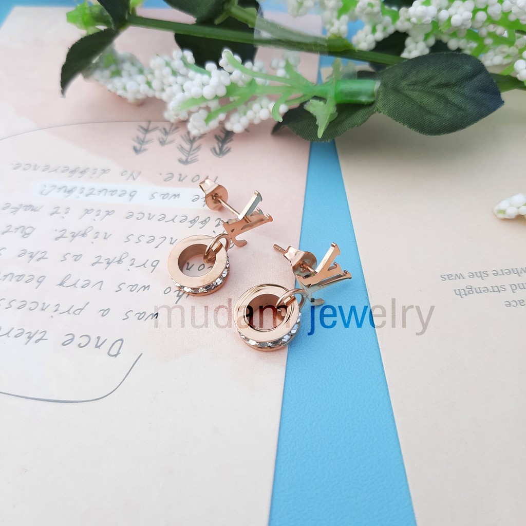 Anting Tusuk Titanium L* Ring Kristal Artifisial Warna Rose Gold