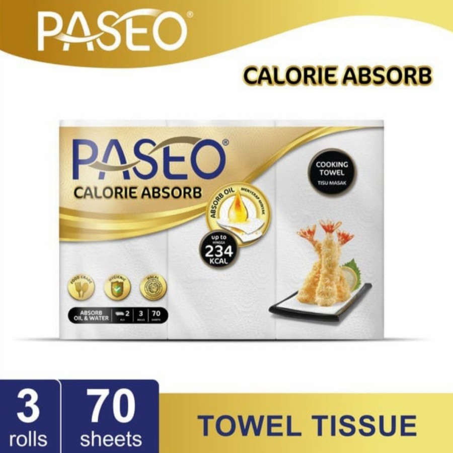 PASEO CALORIE ABSORBS COOKING TOWEL ROLL WHITE EMBOSS 70'S x 3 ROLLS