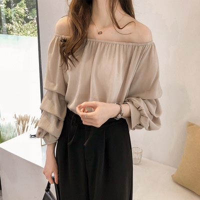 #Sisjuly# Wanita gaya Korea satu kata leher off-the-shoulder kemeja sifon longgar desain licik kemej