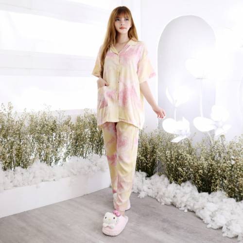 Setelan Piyama Wanita Baju Tidur Cewek Motif Tie Dye One Set Rayon Adem Jumbo XL-XXL Caris CP-BAMBO KUNING MUDA