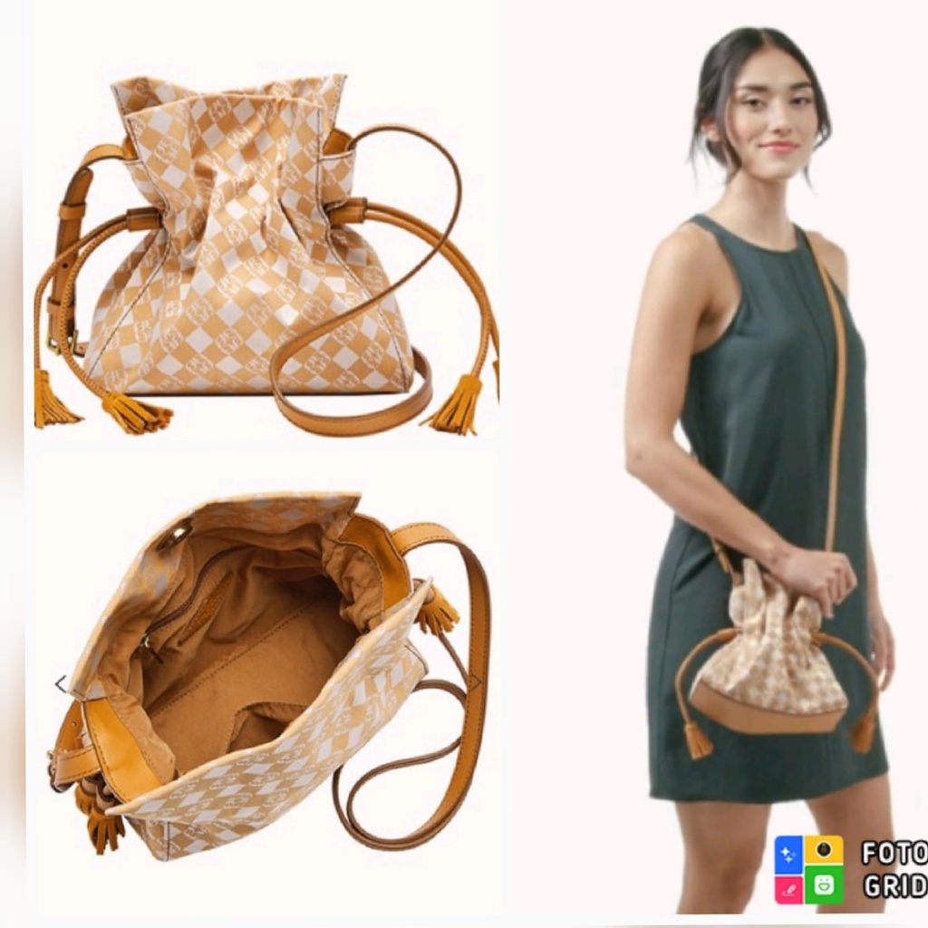 Tas Fos Rayna Drawstring Crossbody White Tan sz 25x25x12cm