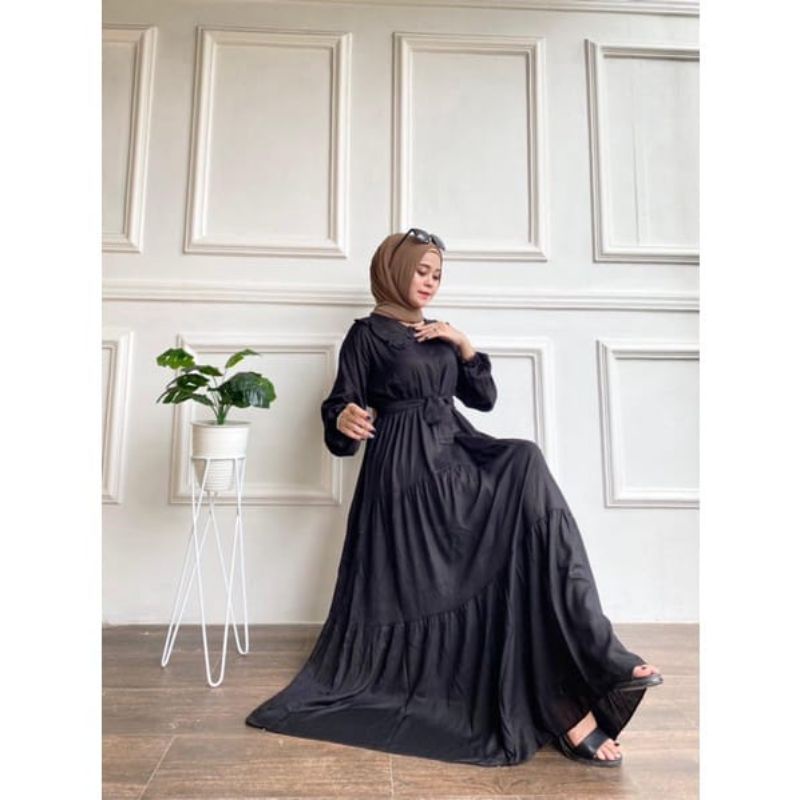 GAMIS NOORA JUMBO RAYON SUPER POLOS REMPEL SUSUN wanita remaja polos-NOORA Hitam