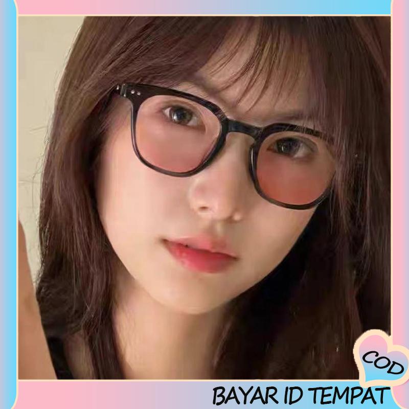 COD❤️ Gradient Pink Blush Glasses Wanita Trendi Wajah Bulat Kacamata Bingkai Hitam untuk Foto-A.one