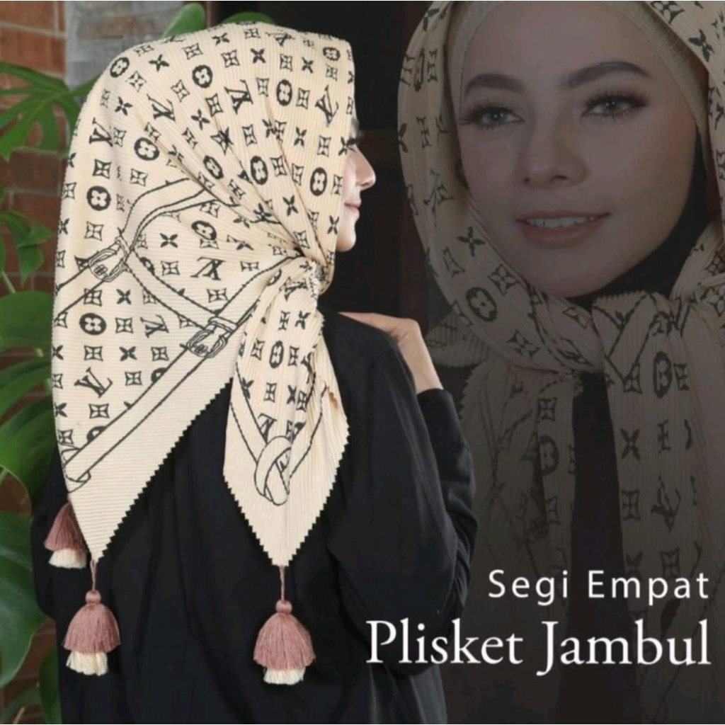 Segi 4 Plisket Motif Tambang Jambul Brand V / Hijab Segi Empat Plisket Motif Printing Murah Meriah
