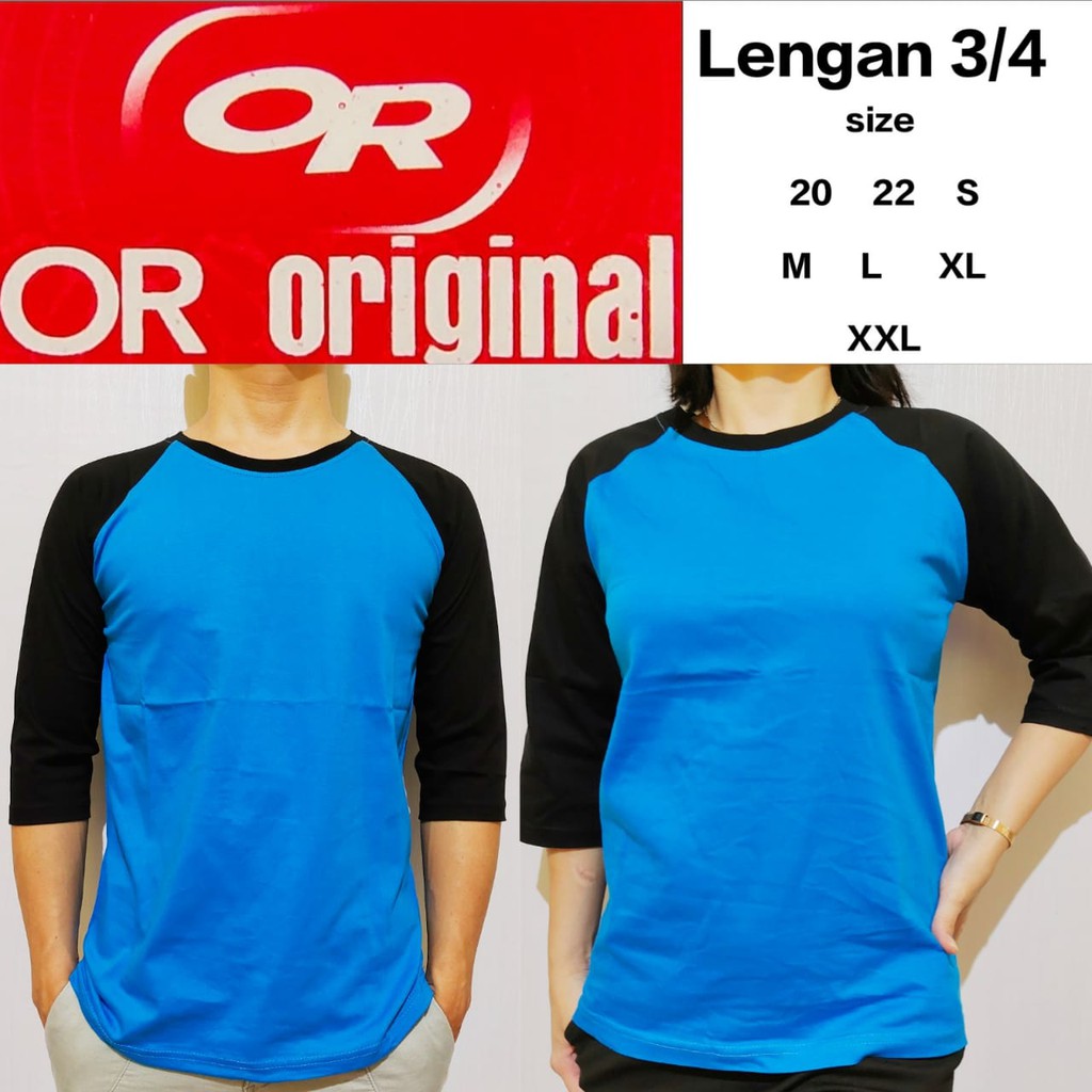 Kaos polos reglan biru turkis lengan hitam 3/4 20 22 S M L XL XXL