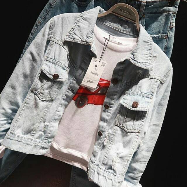 Jeans jacket pull&bear / jeans jacket pull and bear/ Jacket ripped Bershka/jaket jeans/ jeans sobek