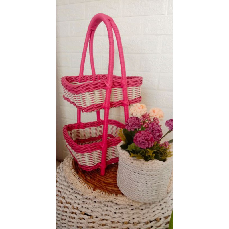 KERANJANG BUMBU DAPUR KOTAK PERSEGI SUSUN 2 ROTAN SINTETIS