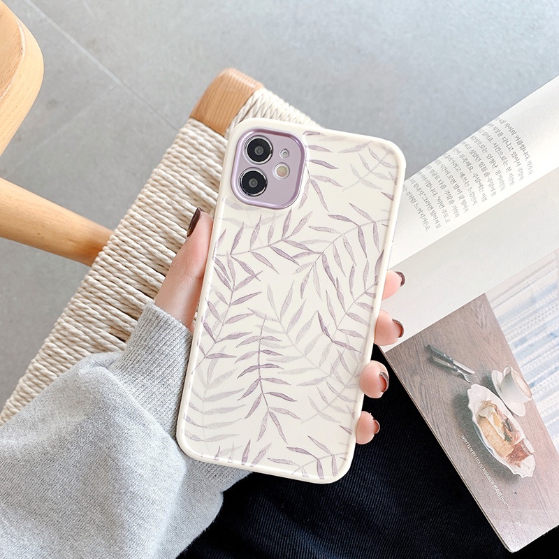 Case Pelindung Kamera Motif Daun Ungu Bahan TPU Shockproof Untuk IPhone 11 12 13 Pro Max Xr X Xs Xsmax 7 8 Plus