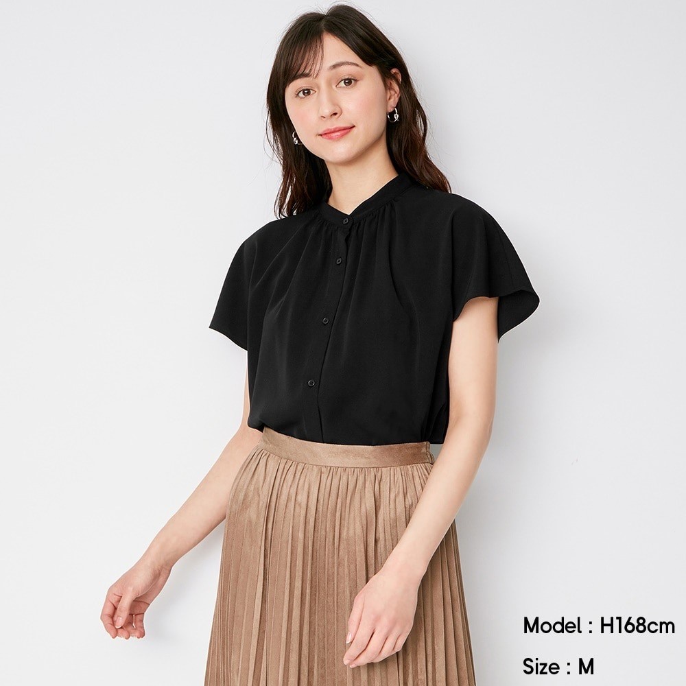 BLOUSE WANITA GU Airy band collar  TANGAN PENDEK-Flutter BLACK