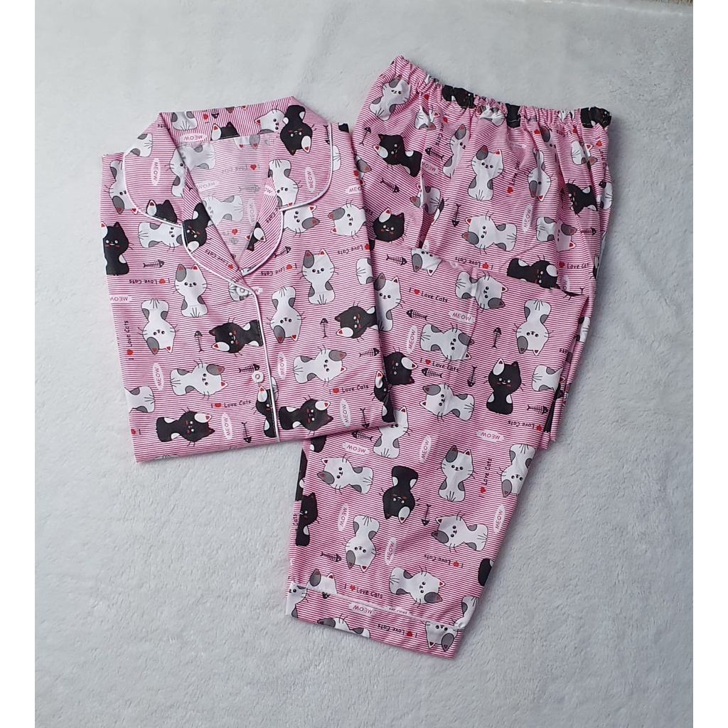 Baju Tidur Dewasa Gambar Lucu LD 104cm / Piyama Katun Lengan Pendek Celana Panjang CP