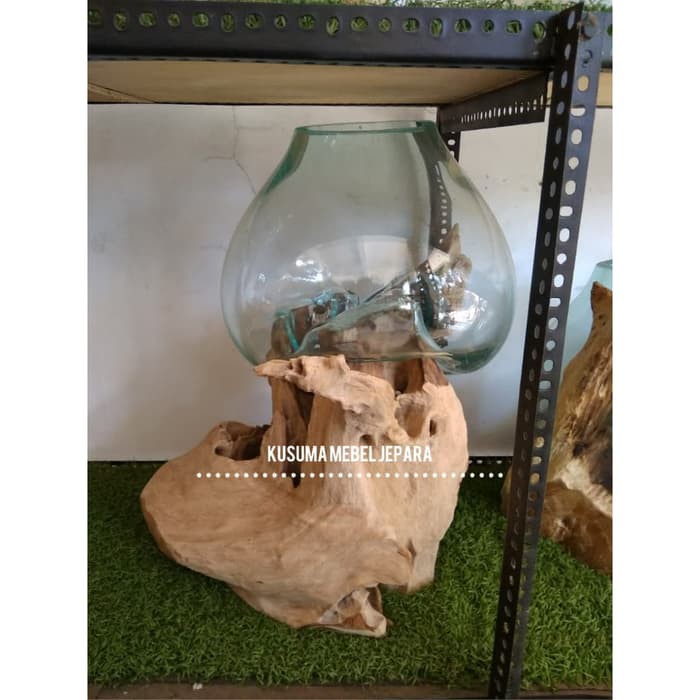 Pot Kaca Hias Kayu Jati Erosi Kode 009 B (Tinggi 70cm)