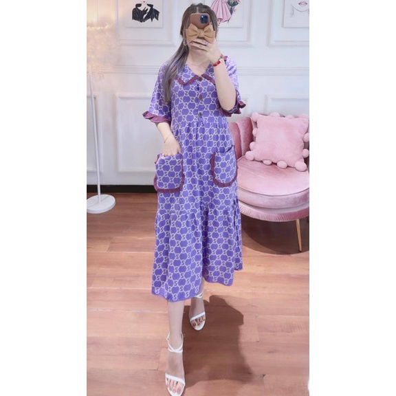 Dress Wanita Korea LaLisa Rayon Premium Baju Wanita Kerah Peterpan Lengan Pendek Kekinian LD 110 cm