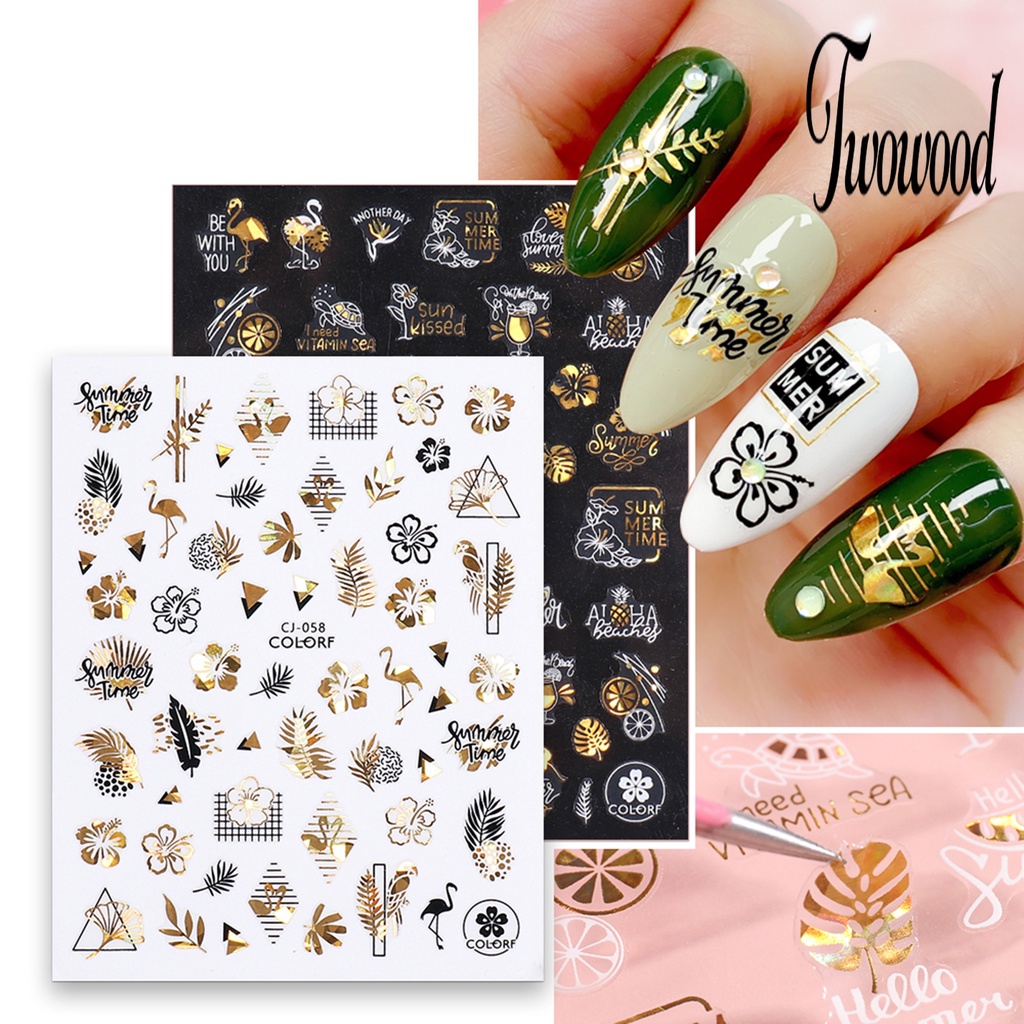 Twowood Stiker Kuku Motif Daun Hijau Untuk Dekorasi Nail Art Stiker Kuku Motif Graffiti 2D Dengan Perekat Untuk Manicure